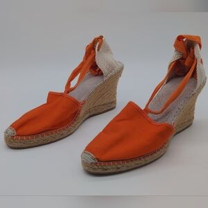 1 Fifty Five Handmade Spain Sz 10 Orange Espadrille Wedge Tie-Ankle Shoes